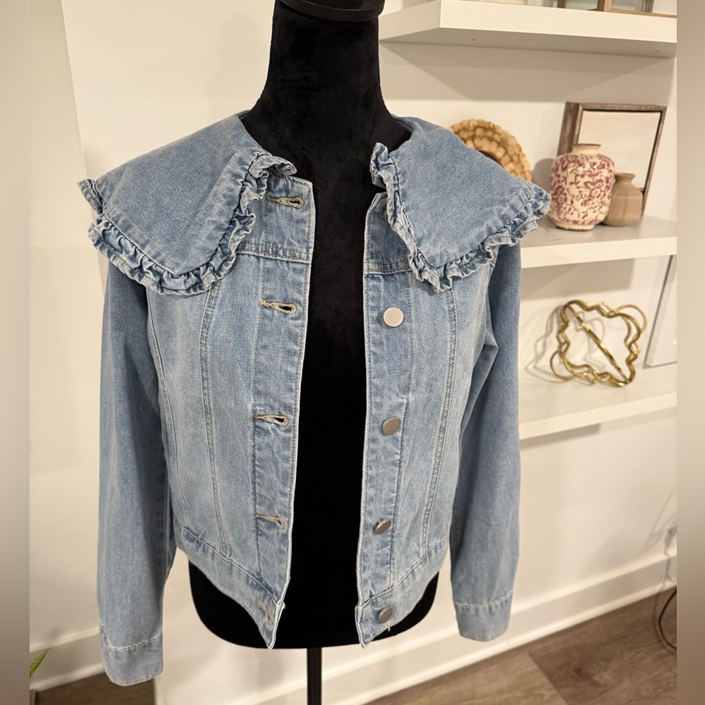 NWT‼️Anthropologie Light Blue Jean Jacket with Ruffle Collar by Mable -XXS